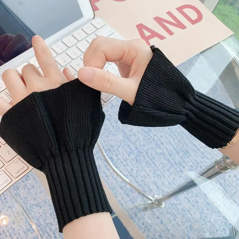 2024 Korean New Half-finger Gloves Female Autumn and Winter Wool Warmth Fingerless Students Touch Screen Thick Knitted Wristband