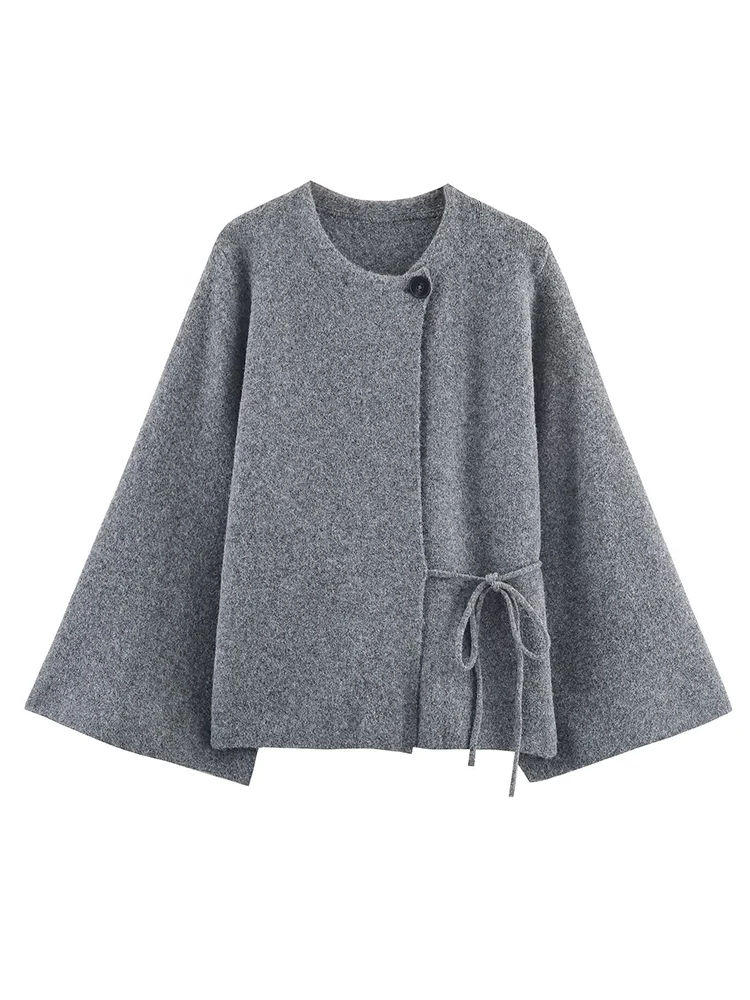 2025 Autumn Women Solid Round Neck Lace Up Sweaters Cardigan Winter Chic Split Long Sleeve Knit Casual Loose Warm Outerwear