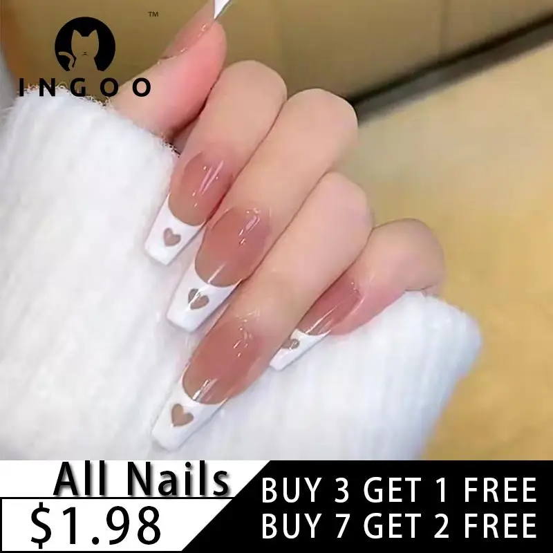 24Pcs Reusable Fake Stick On Nails Long Coffin Press On Nail Love