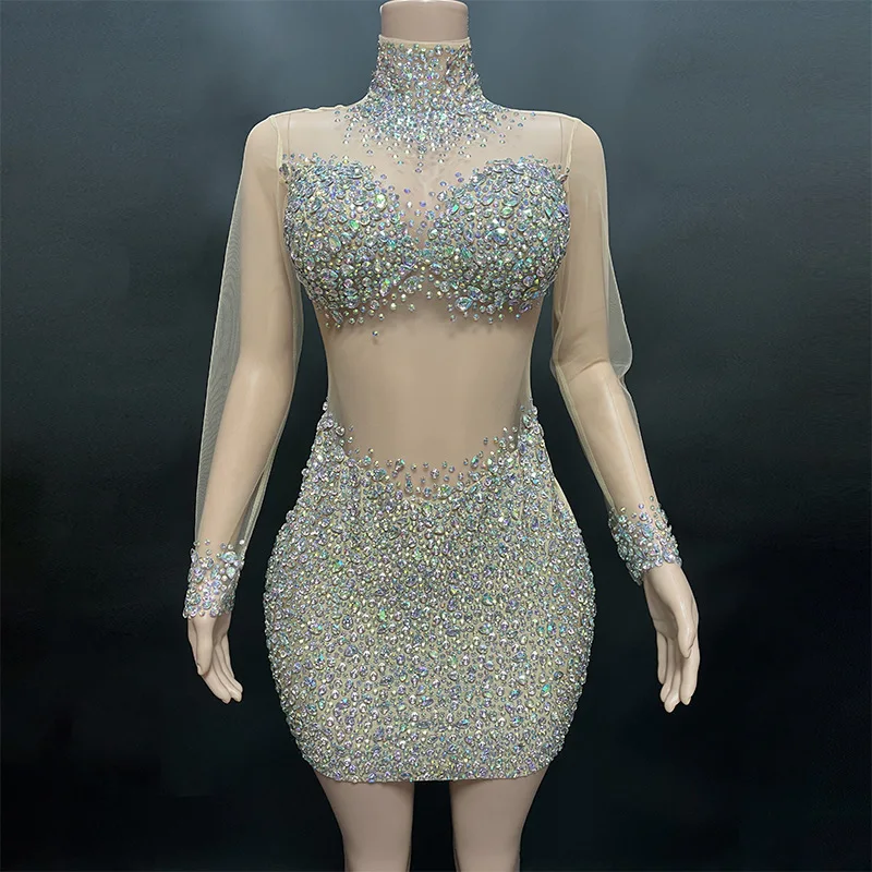 Sparkling Silver Sequin Crystal Dress Sexy Long Sleeve Transparent Women's luxury Birthday Evening Dress Singer Show Short Dress sparkly silver rhinestones transparent long dress women evening birthday celebrate mesh gown dress dance costume show wear