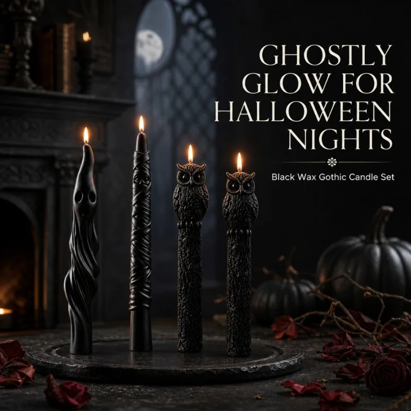 Halloween Taper Candles - Black Spooky Shapes for Gothic Table Decor Halloween Decorative Candles Black Taper Candle Mummy Ghost Owl Long Candles for Holiday Decoration 3