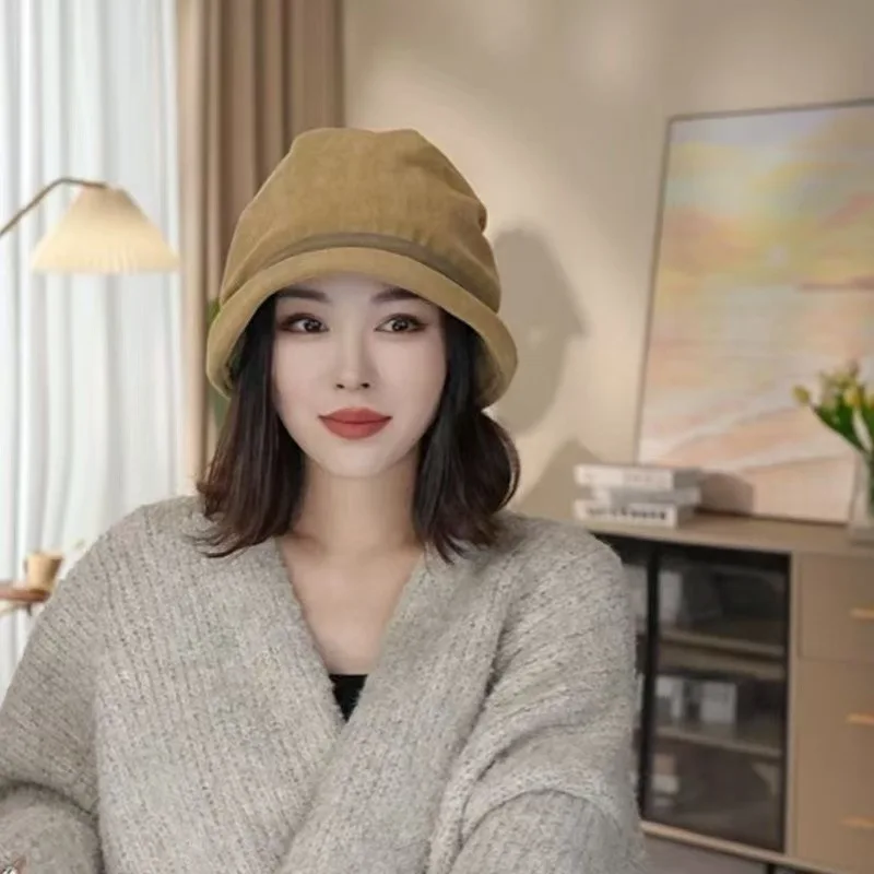 Winter Warm Corduroy Fisherman Hat Artistic Retro Thermal Bucket Hat Classic Cap for Women Cold Autumn Winter Outdoor Activities