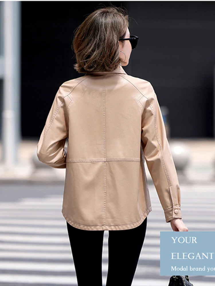 New Women Leather Jacket Spring Autumn Fashion Casual Shirt Style Split Leather Outerwear Loose Long Sleeve Sheepskin Tops Coat