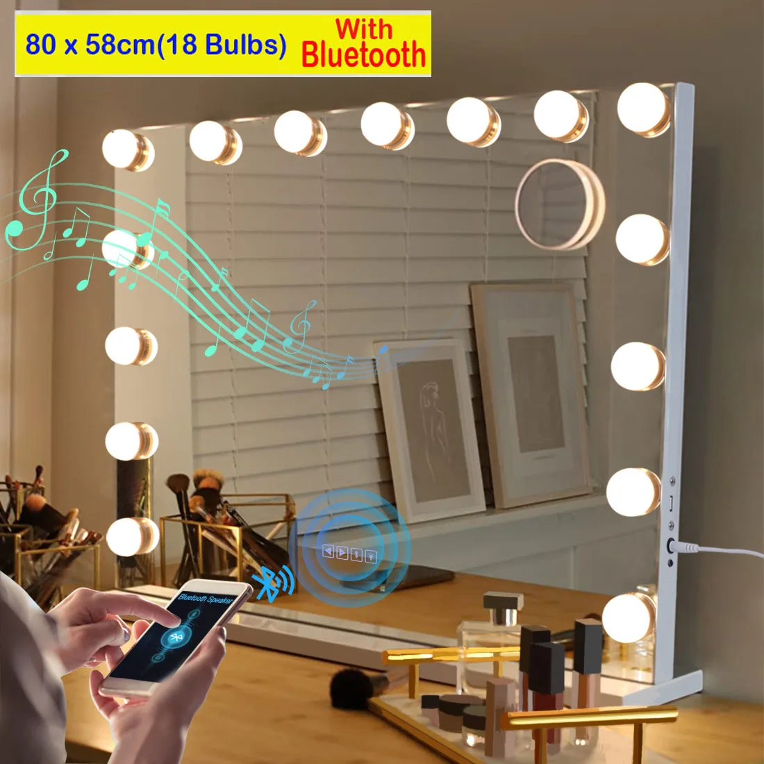 

Large Bluetooth Vanity Mirror Makeup Mirror with Lights Hollywood Mirror Touchscreen Control Cosmetic Mirrors with 18 LED Bulbs