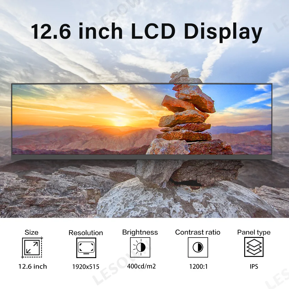 LESOWN 12.6인치 초슬림 IPS 터치 스트레치 바 모니터 1920x515 GPU/CPU 모니터링을 위한 휴대용 길쭉한 디스플레이