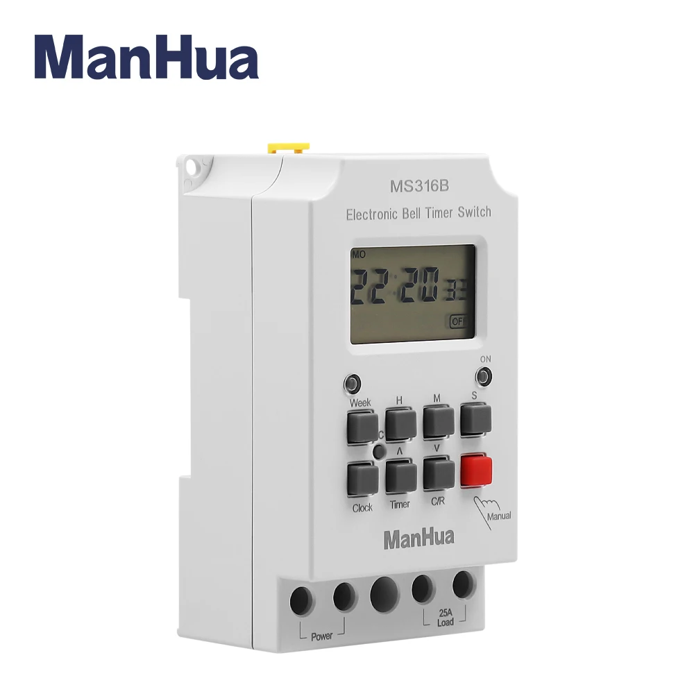 ManHua 220VAC 25A MS316B with cover weekly Programmable 99 ON Duration 23hours 59 Seconds With LCD Display School Bell Timer 2