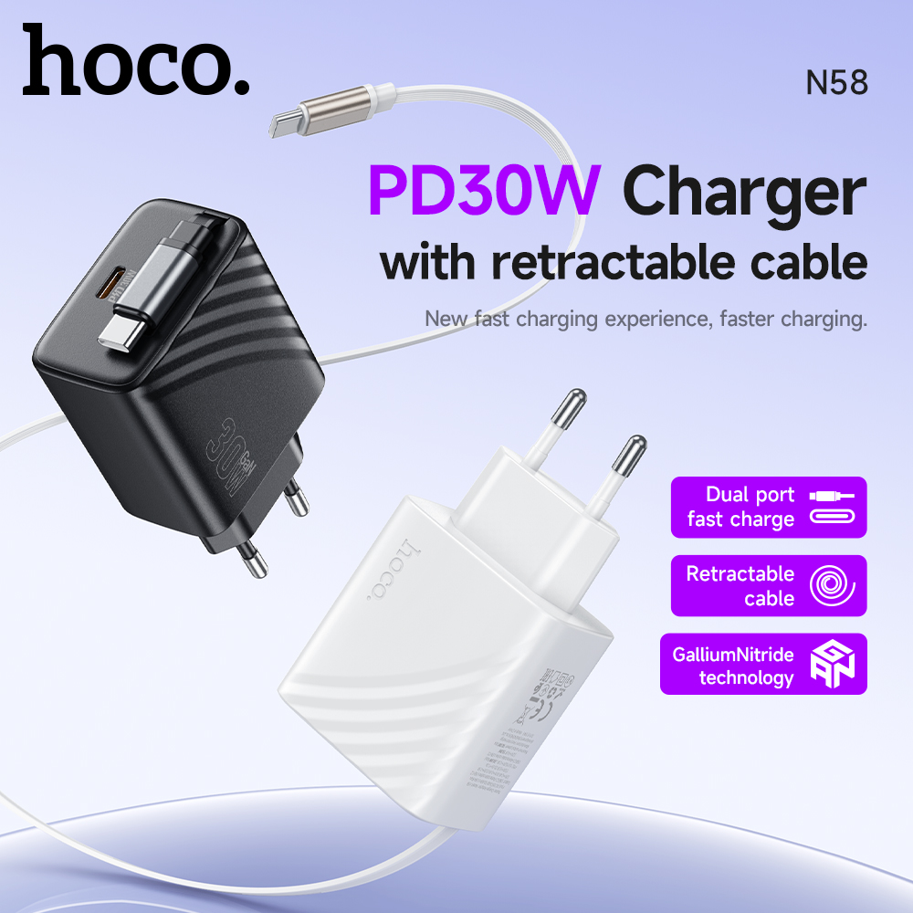 HOCO N58 30W PD Charger Quick Charge QC3.0 USB Type C Charger For iPhone 16 15 Pro max Huawei With retractable Cable Charger