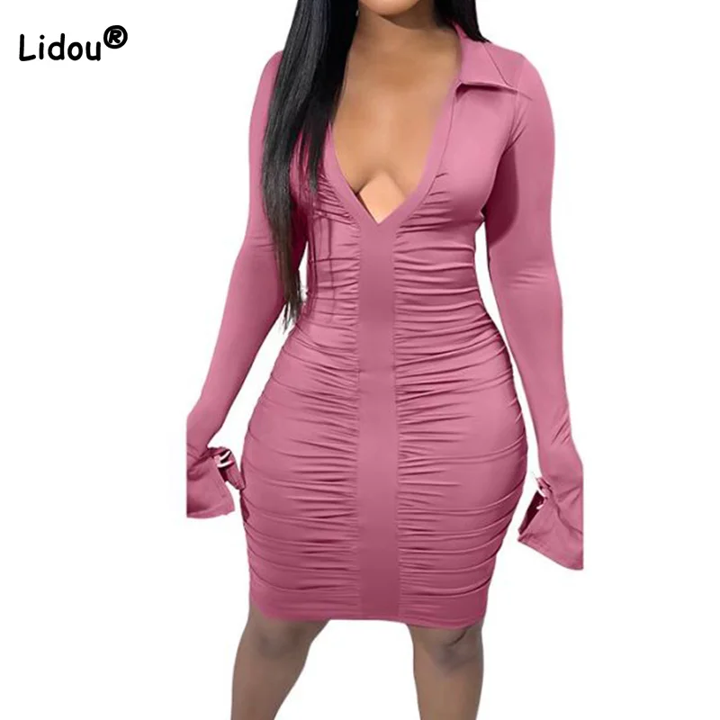 

Sexy Slim Dress For Women Streetwear Turn-down Collar Shirring Long Sleeve Knee-Length Bag Hip Skirt Deep V-Neck Nightclub Style