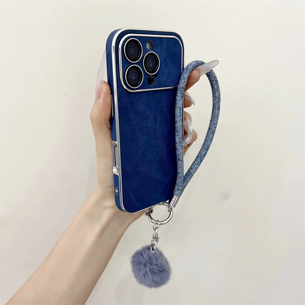 Luxury Jeans Denim Phone Case with Lanyard Wrist Strap and Matte Back Cover