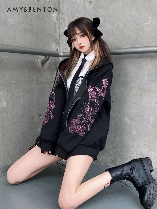 

Japanese Gothic Anime Printed Hoodies Women Spring New Y2K Hot Girl Retro Oversized Sweatshirt Street Punk Thicken Zip Up Hoodie