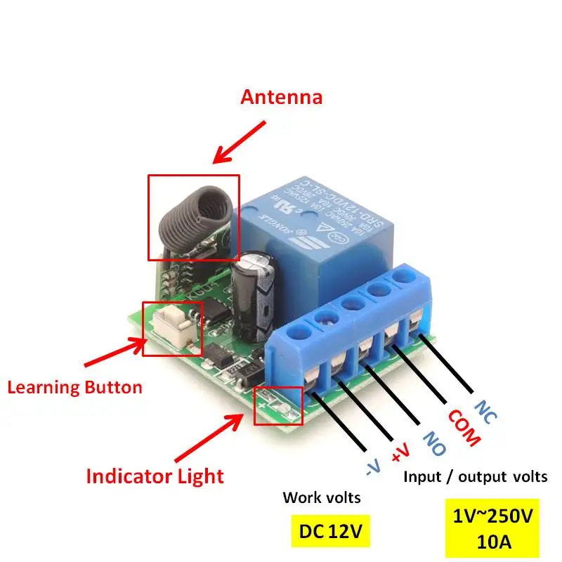 Gate Remote Control 433 Mhz Universal Gate Remote Control Switch DC 12V 10A Relay Receiver Mini Module For Gate LED Garage Door