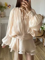 Chic Women Lace Up V-neck Lantern Long Sleeve Mini Dress Elegant Fold Sexy Flounce Hem Vestidos 2025 Summer New Vacation Dresses 1