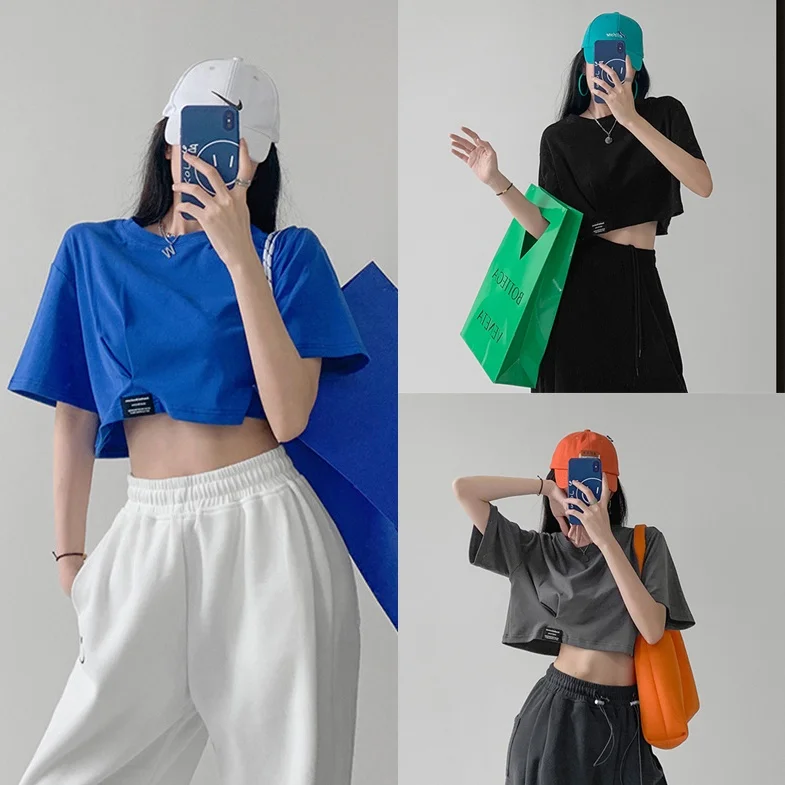 

Women Short Sleeve T-Shirt Loose Navel Cropped Top