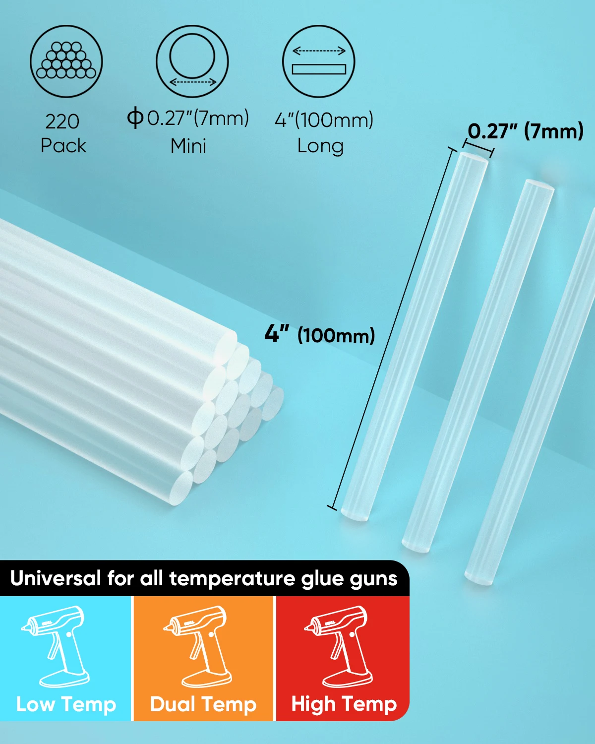SHALL 미니 핫 글루 스틱, 220 팩, 투명 핫멜트 글루 건 스틱, 열 권총 총 접착 DIY 도구, 7mm x 100mm
