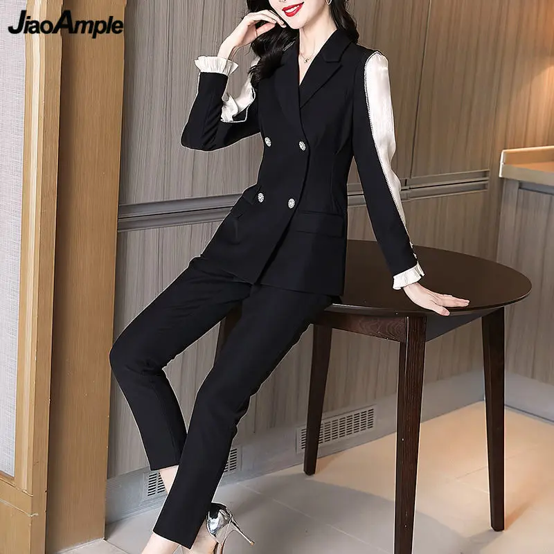 Black Patchwork Blazers Pants Two Piece Set Spring Autumn Women Workwear Office Lady Graceful Slim Suit Coat Trousers Outfits