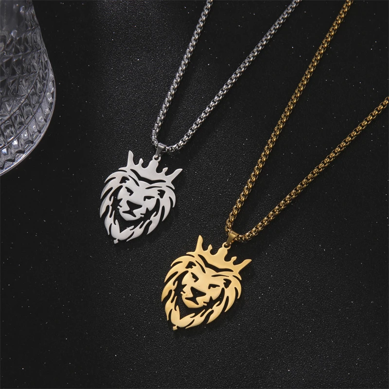 

Stainless Steel Lion King Crown Animal Pendant Men's Box Chain Necklace Fashion Men's and Women's Jewelry Party Gift