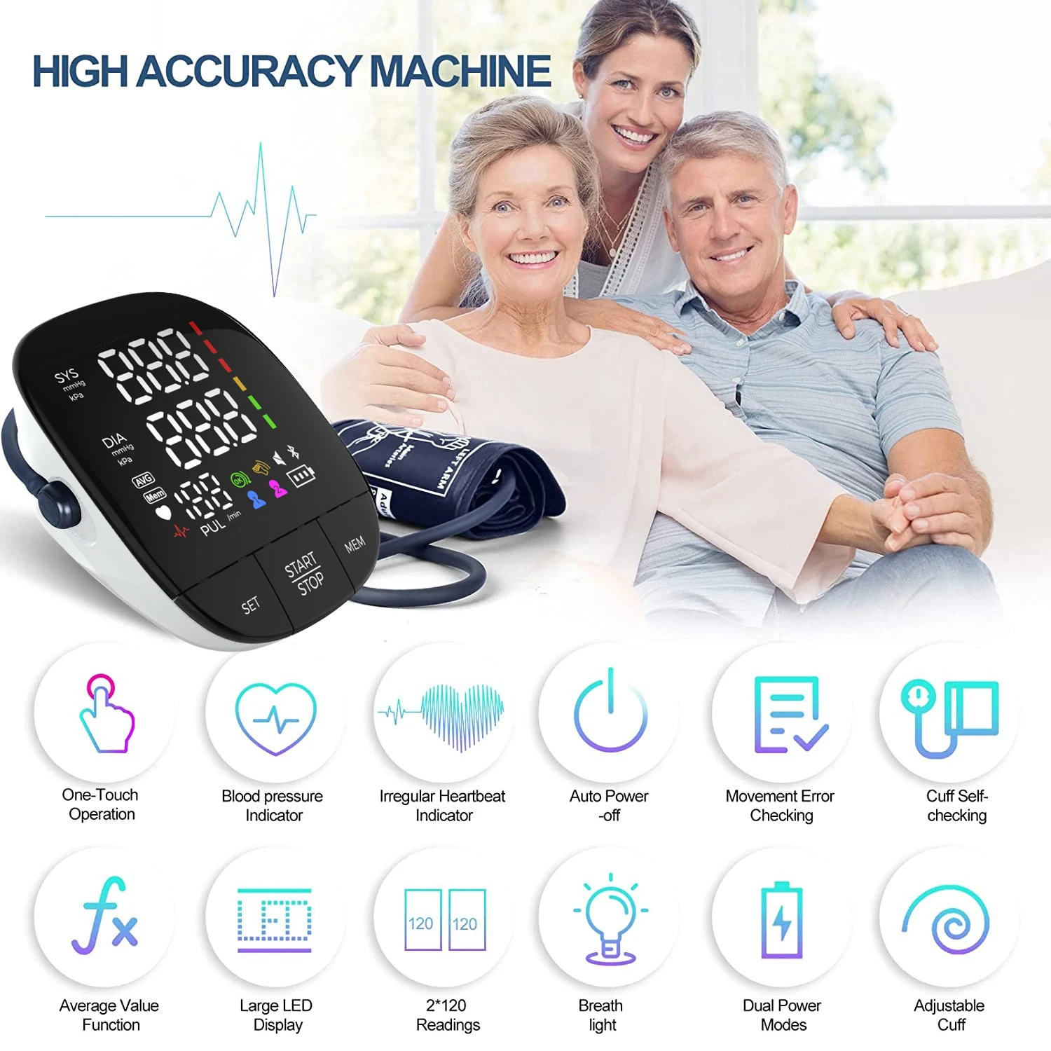 Kingclinic Digital Electronic Automatic Blood Pressure Monitor Heart Rate Pulse Monitor Long Cuff