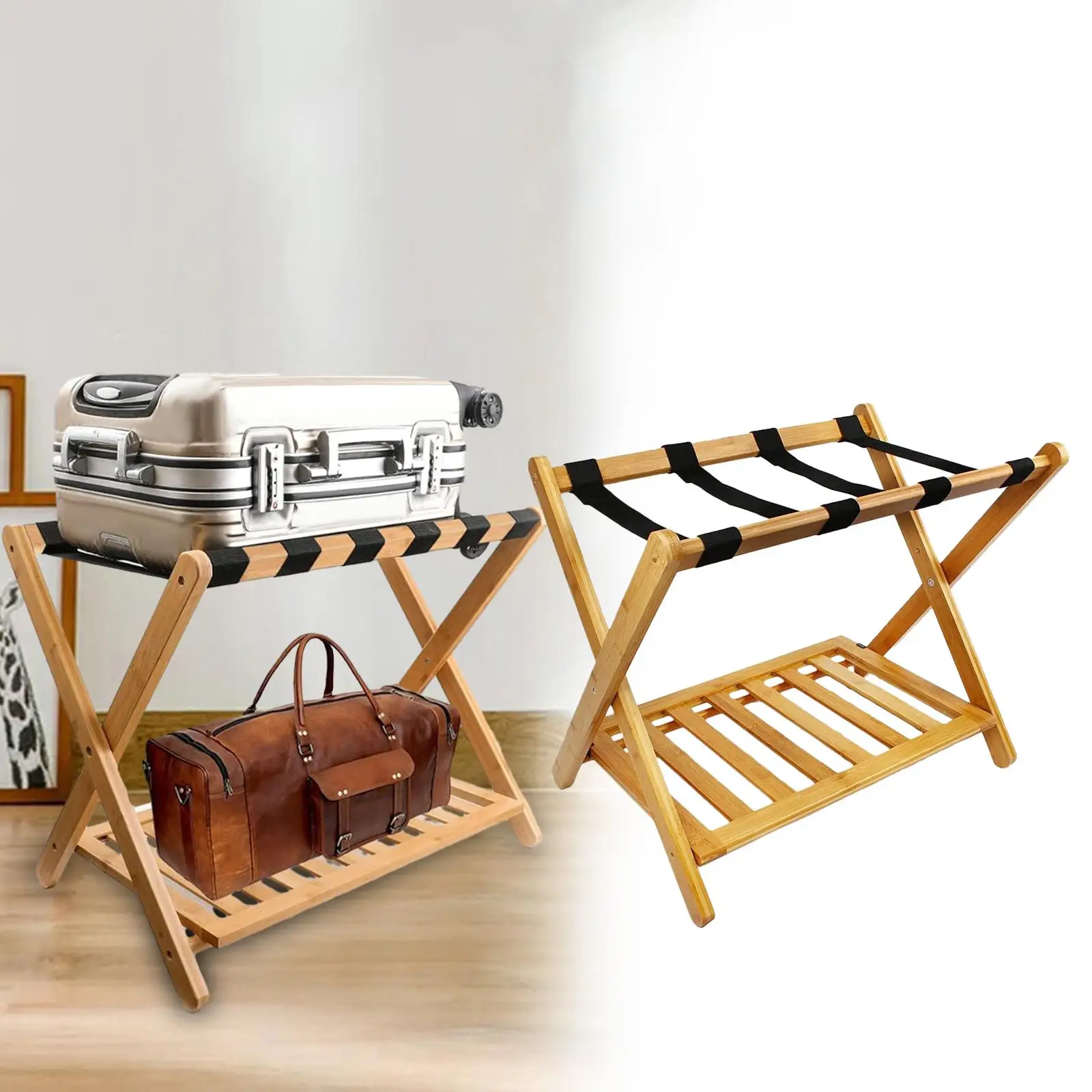Suitcase Stand Organizer Folding Heavy Duty Wood Thickened Two Tier Shelf Durable Portable Luggage Rack Luggage Holder for Hotel luggage rack