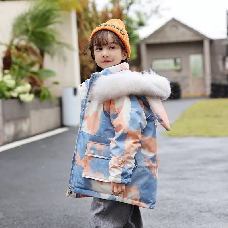 

Boys Hooded Camouflage Outdoor Tooling Down Jacket For Kids Duck Down School Student Girls Short Thick Warm Outwear