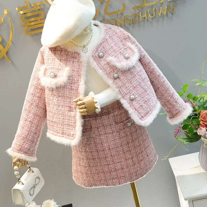 

Fashion Children Suits for 1-10Years Children's Cotton Padded Jacket Coat+Skirt Spring Winter Girl Kids 2Pcs Tweed Clothes Sets
