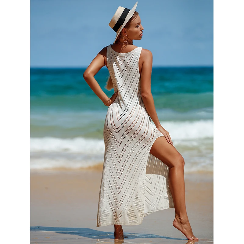 Knitted Long Beach Dress White Sleeveless Tank Top Women's Summer Crochet Dress Outerwear For Beach Swimsuit Cover Up Beachwear