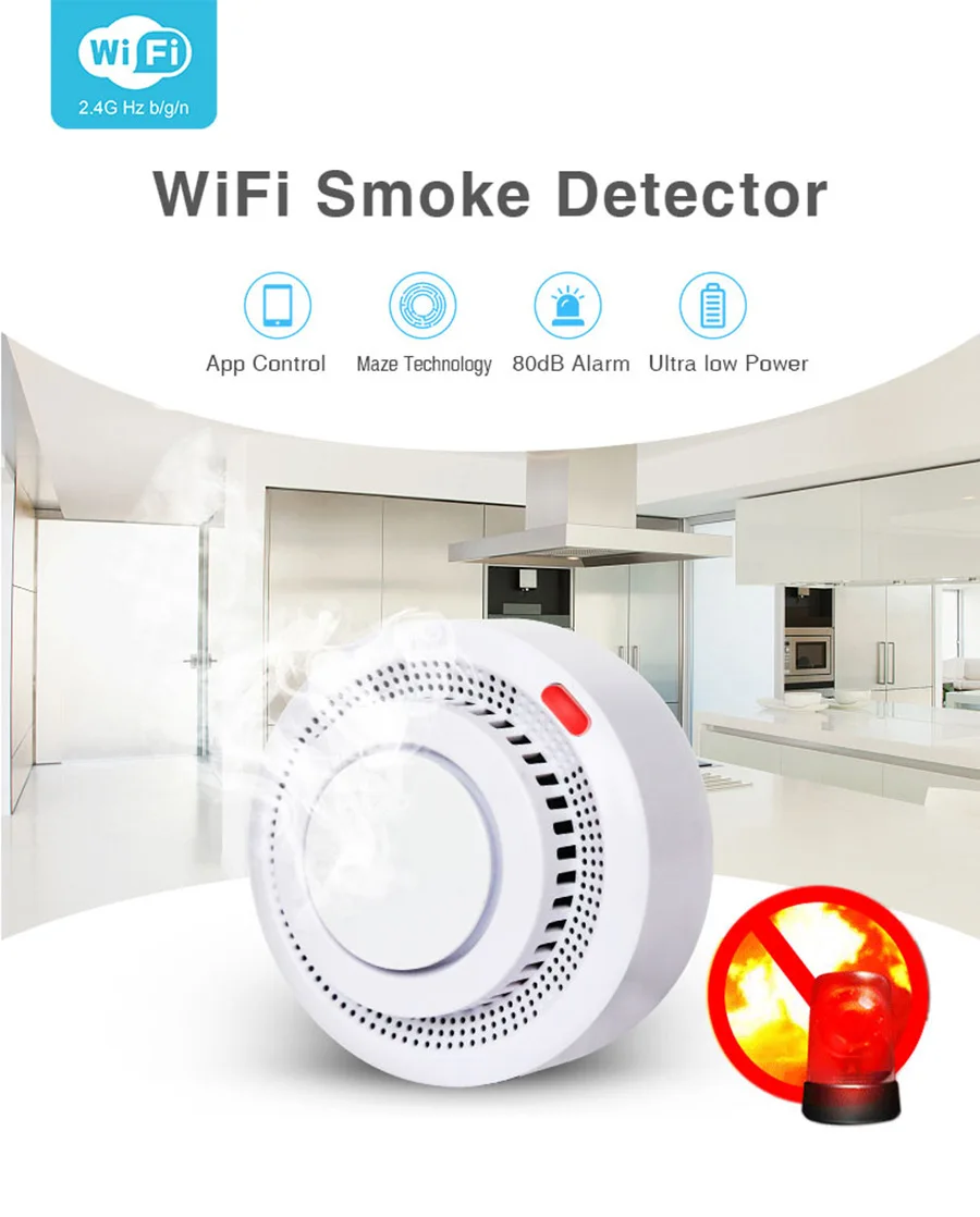 Détecteur de fumée WiFi avec batterie 3V, détecteur d'incendie domestique  avec alarme de fumée pour la sécurité à domicile