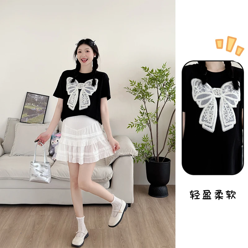 Summer Maternity Clothes Set Short Sleeve Black T-shirt with Large Bowknot Lace Belly Skirts Twinset Pregnant Woman Skirt Suits