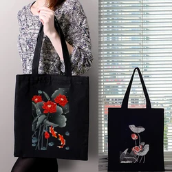 Shopping Bags Lotus Canvas Bag Shopper Customizable Logo Tote Women Designer Handbags Reusable Fabric Shoping Shoulder Bag
