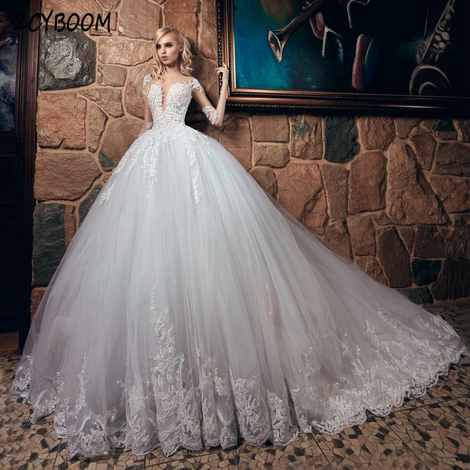 

Elegant O-Neck Sequin Appliques Half Sleeves White Wedding Dress 2024 Ball Gown Floor Length Sweep Train Lace Up Bridal Gown
