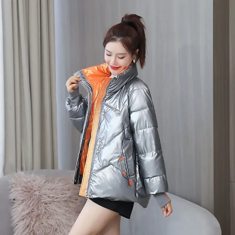 

Wash Free Glossy Cotton Jacket Women's Short 2023 Winter New Loose Contrast Color Cotton Jacket Small Cotton Jacket