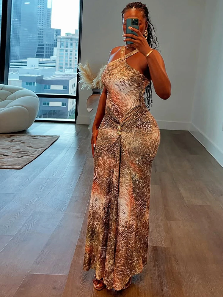 Nibber Colorful Snake Print Maxi Dress Women Peach Buttocks Metal Ball Decoration Sleeveless Folds Sexy Banquet Fashion Vestidos