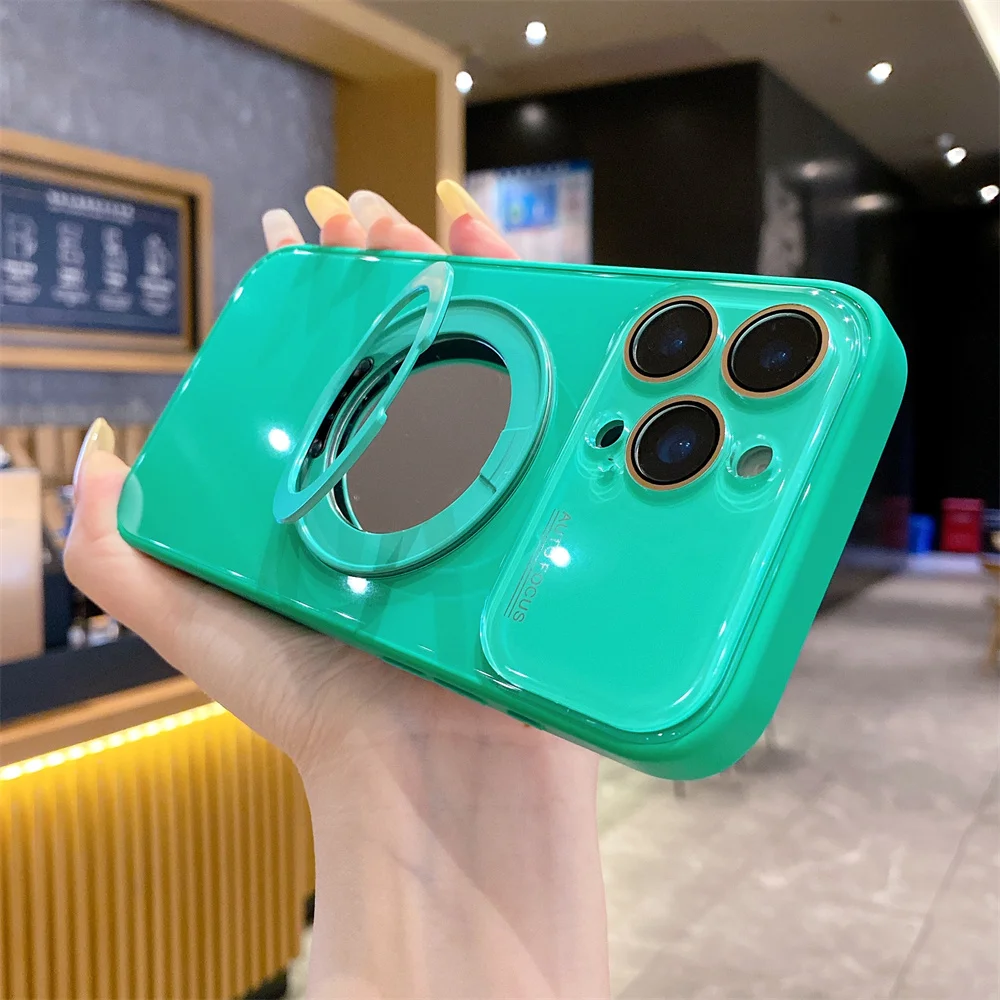 Rotating Magnetic Makeup Mirror Stand Phone Case with Lens Protection and Tempered Glass Back Cover