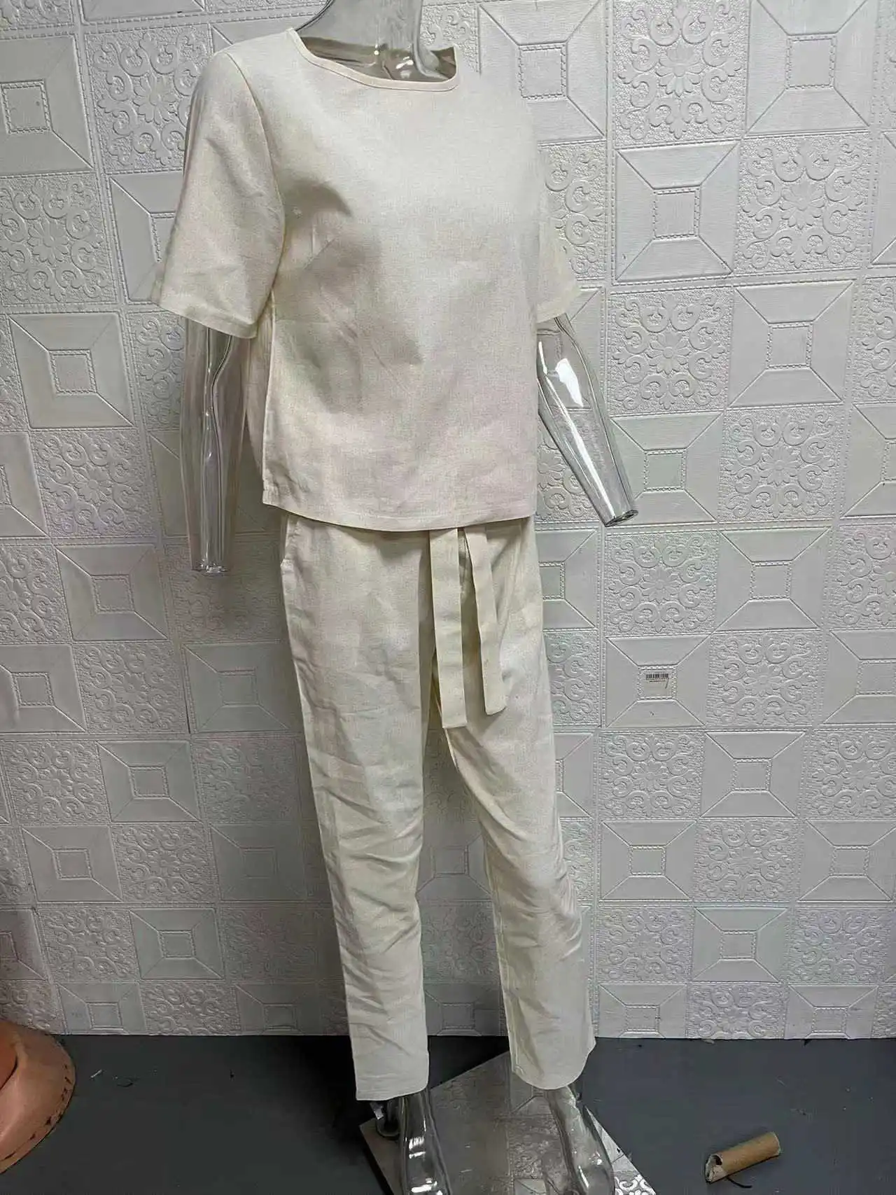 Cross border women's cotton and linen summer matching set half sleeved O-neck oversized cover shirt wide leg pantsretro two-piec 4