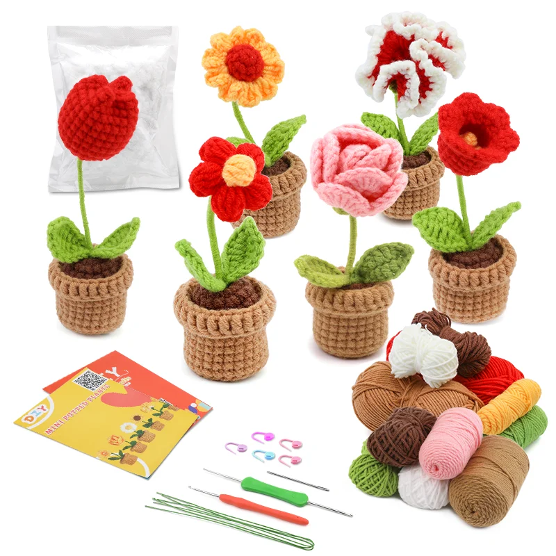 Crochet Potted Flower Kit for Beginners With Video Tutorial Cotton Knitting Yarn Thread Needles Hooks Knit Tool Set 6pcs
