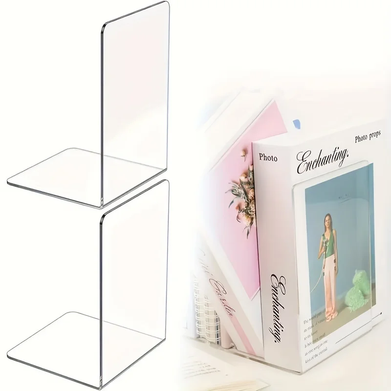 2Pcs Clear Acrylic Bookends L-shaped Desk Organizer Desktop Book Holder School Stationery Office Accessories 2