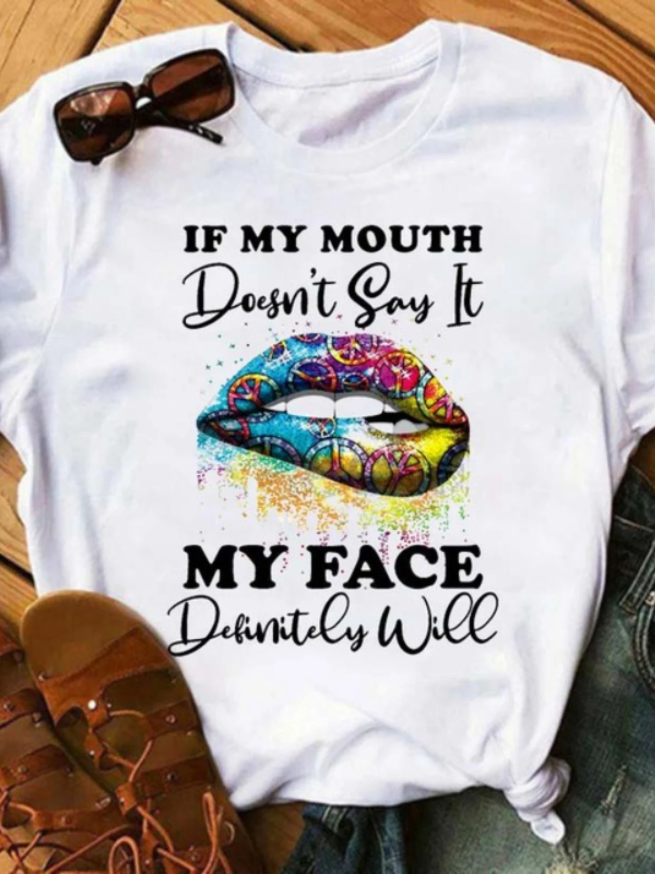 

"If My Mouth..."" Women's Short Sleeve T-shirt - Solid Loose Fit, Comfortable Crew Neck - Active Wear for Women"