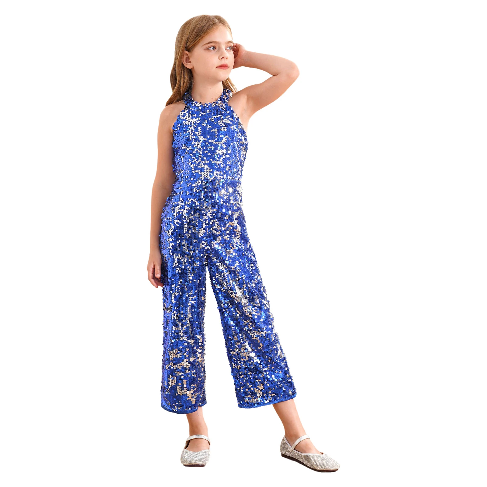 Teen Girls Sequin Party Bodysuit Sleeveless Halter Neck Jumpsuit Birthday Wedding Party Evening Dance Stage Performance Rompers 4