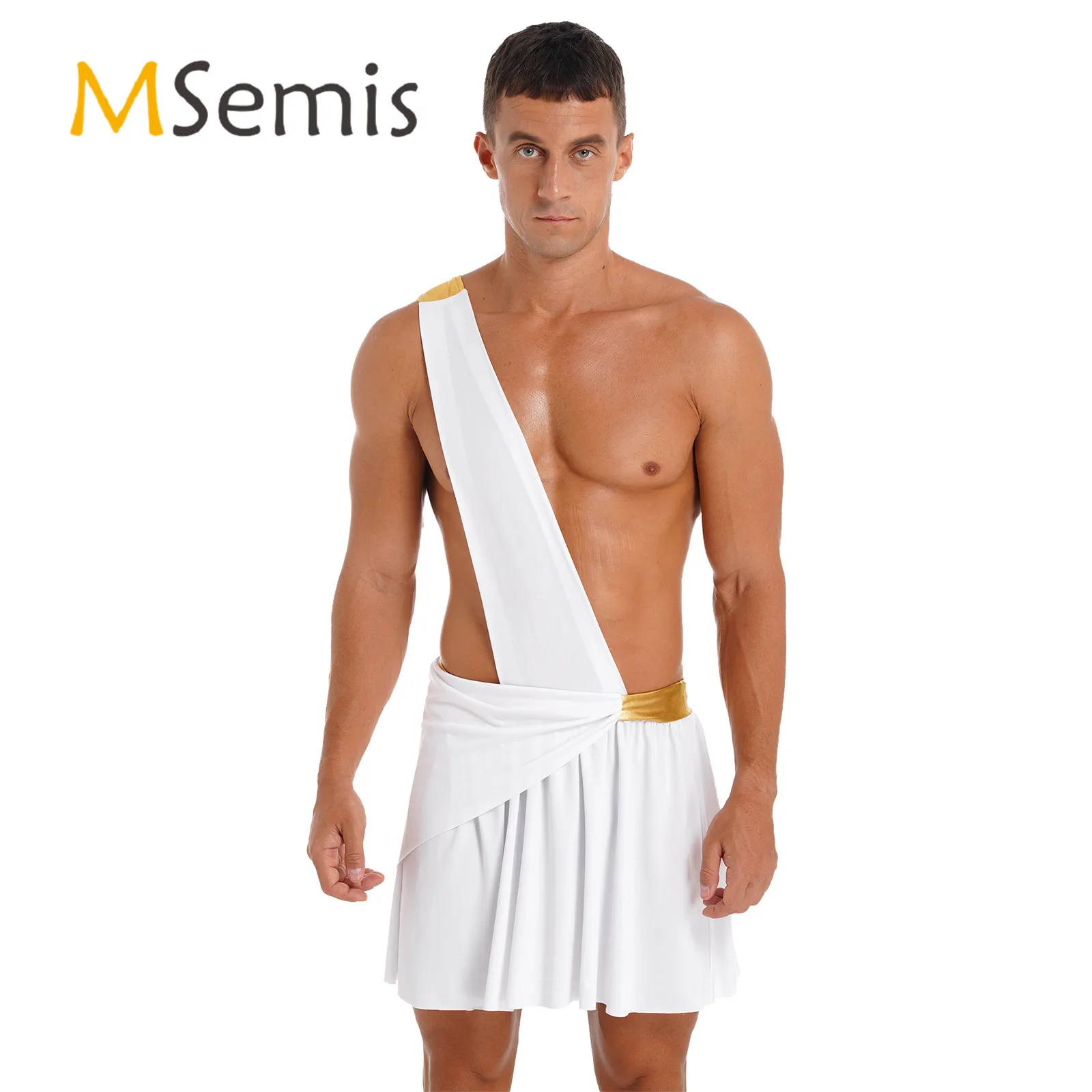 

Mens Roman Gladiator Costume Knight Warrior Ancient Greek God Roleplay Clothing One Shoulder Strap Waistband Ruffle Skirt