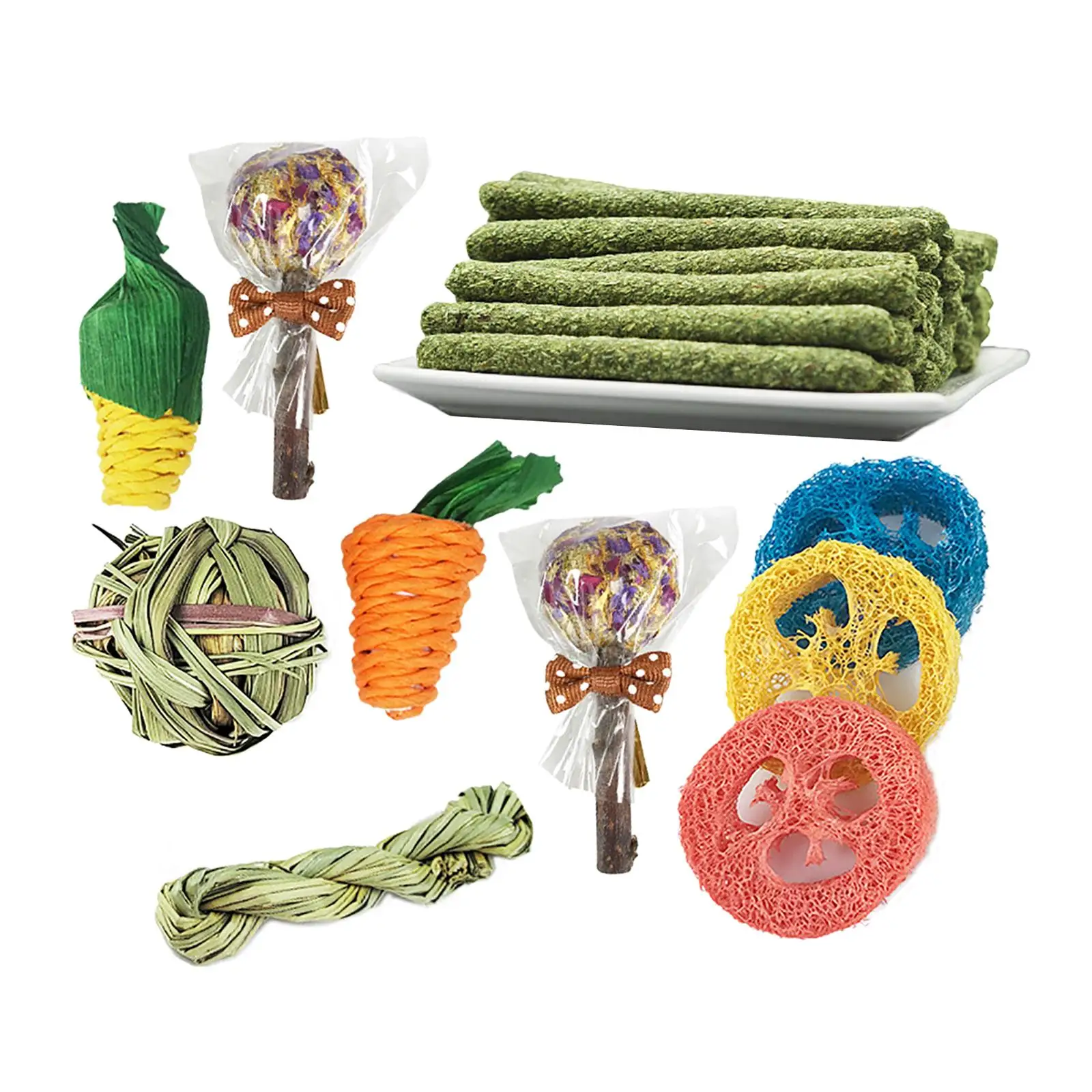 14pcs Rabbit Chew Toys Set Wooden Loofah Chinchillas Hamster Bunny Molar Toys