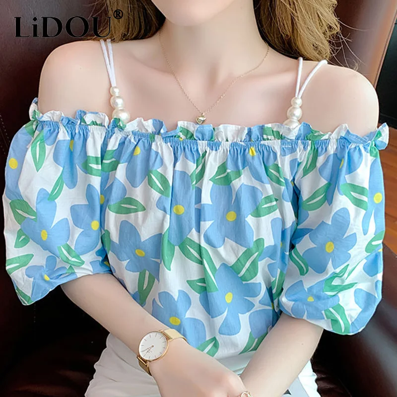 Summer Fashion Sweet Floral Print Off Shoulder Casual Chiffon Shirt Sexy One Word Collar Puff Sleeves Suspender Top Blouse Women