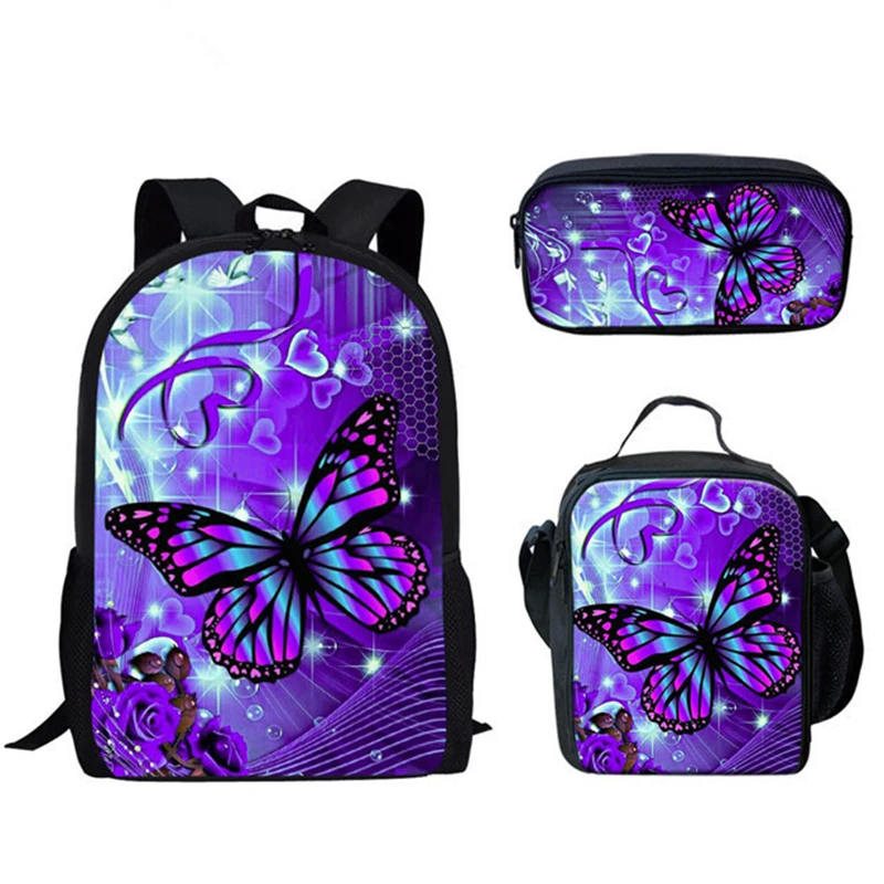 Harajuku Novelty Butterfly Pattern 3pcs/Set Backpack 3D Print School Student Bookbag Anime Laptop Daypack Lunch Bag Pencil Case