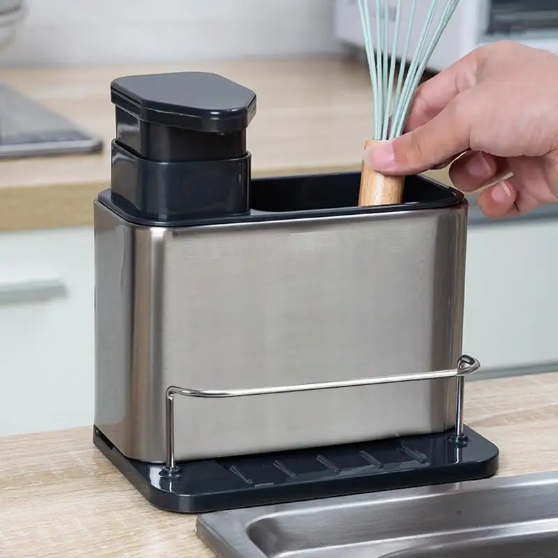 Soap Dispenser Stainless Steel with Sponge Holder Multifunctional Kitchen Sink Organizer Dish Detergent Brush Sponge