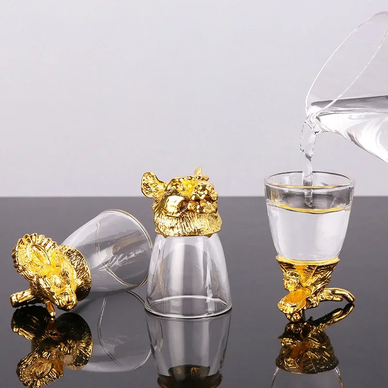 Chinese Zodiac Whiskey Glasses Set Of 12 And Dragon Handle Wine Splitter Set