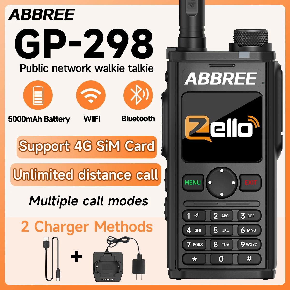 ABBREE GP-298 Network Walkie Talkie Unlimited Distance Zello Global POC ...