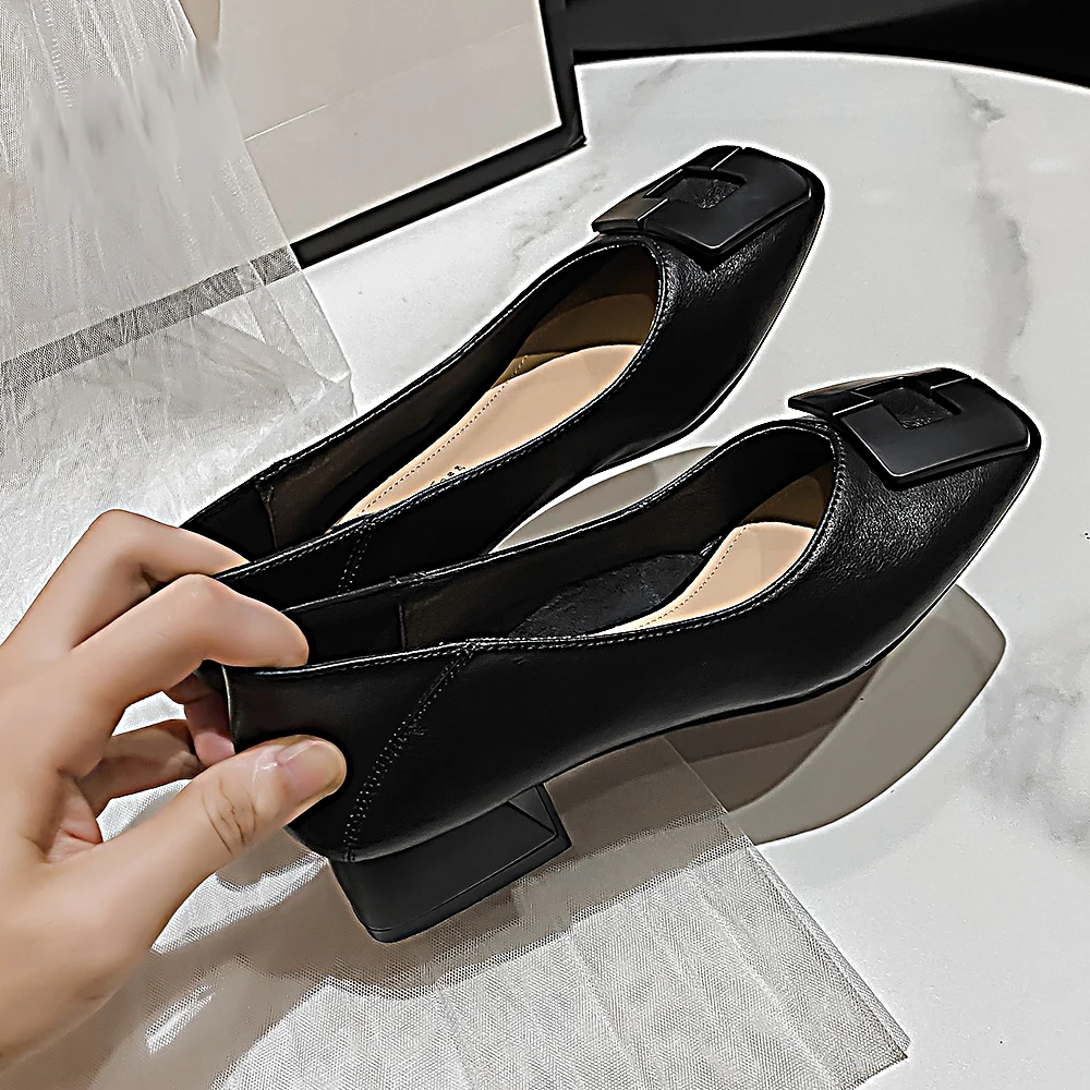 FamtiYaa Genuine Leather Woman Shoes Medium Heel Ladies Women's Shoes Heels Comfort Women Pumps Online Sale Black