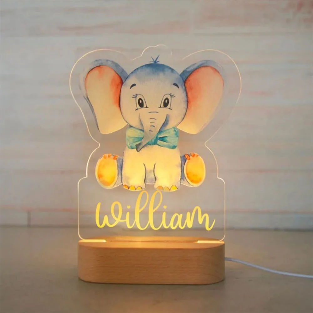 Personalized Baby Elephant Lion LED USB 7 Colors Night Light Name Acrylic Lamp For Kids Children Bedroom Home Decoration