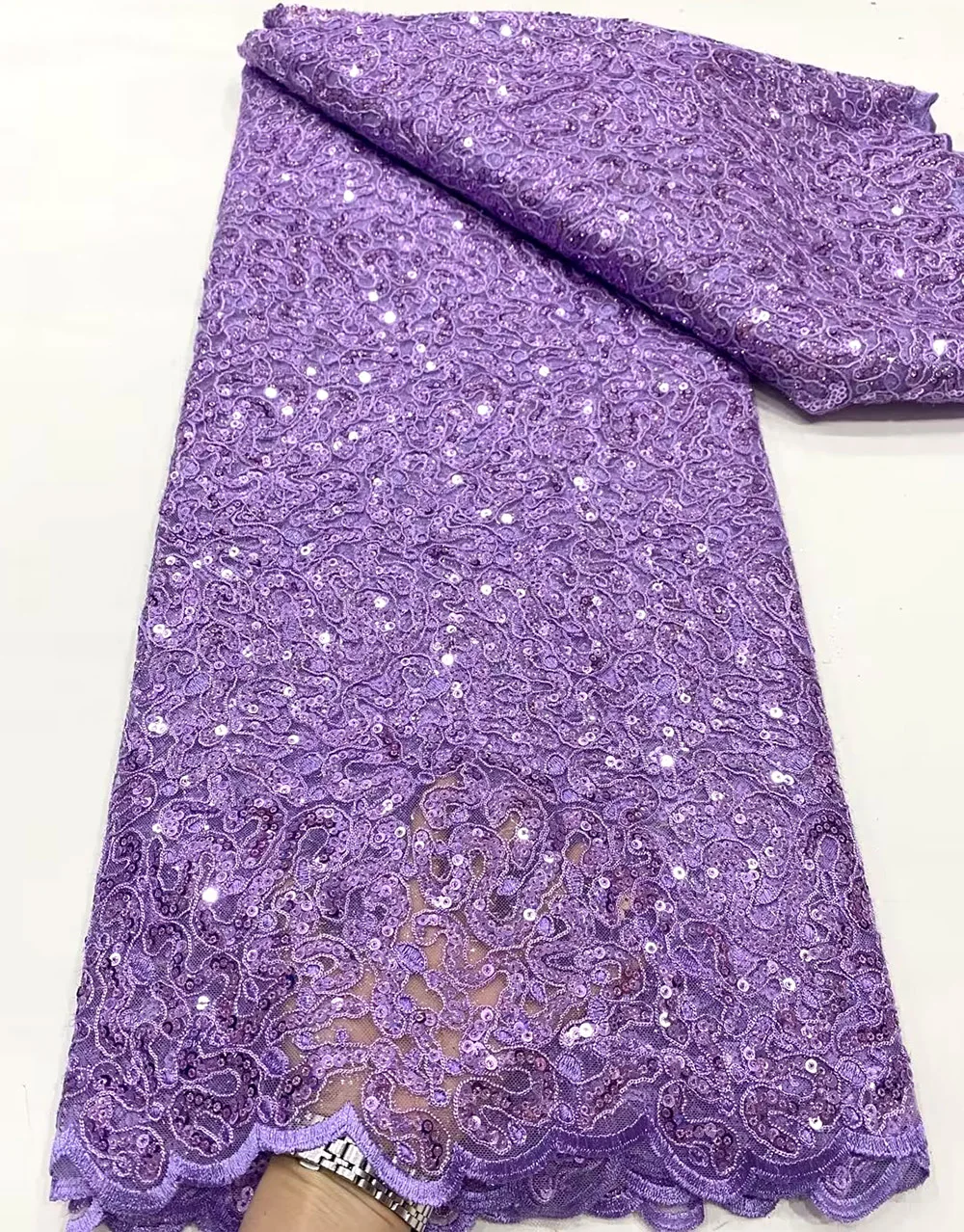 

Purple Nigerian George Lace Fabric 5 Yards 2023 New Arrival Luxury Heavy Sequins African Lace Fabrics For Wedding Dress