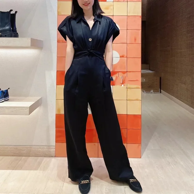 

Women's Playsuit V-Neck Button Simple Summer New Short Sleeve Wide Leg Jumpsuit With Pockets