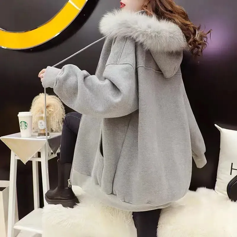 

Fashion Hooded Detachable Plush Collar Sweatshirt Coat Women Autumn Winter Cardigan 2023 New Korean Loose Warm Tops Female G2280