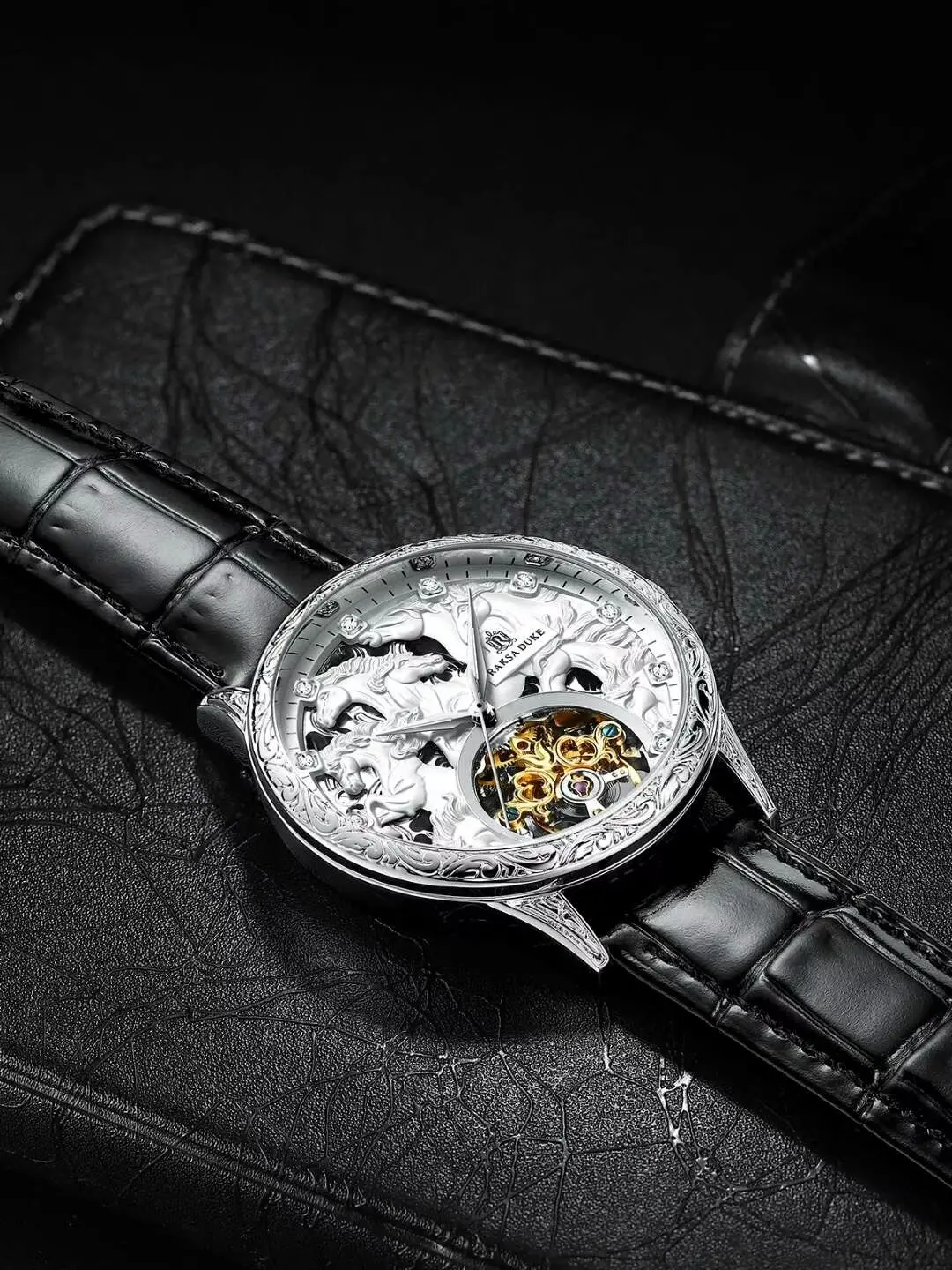 3D Engraved Dial W/ Diamond Mechanical Wristwatches Skeleton Tourbillon Automatic Watches for Men Waterproof Religio Masculino